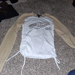 Forever 21 White and Tan Crew Neck Top